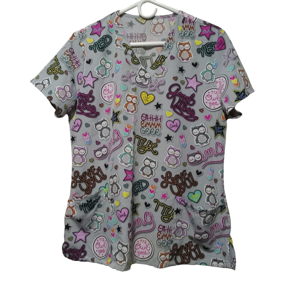 Nurse uniform top scrub owl print v-neck 3 pockets sz large polyester/spandex